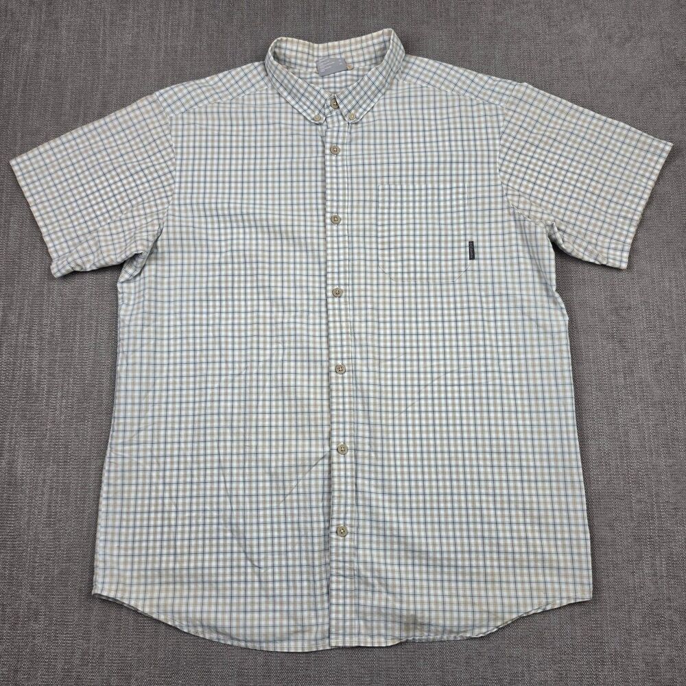 Columbia Mens XL Short Sleeve Button Down Shirt Blue Tan Plaid Pocket Cotton